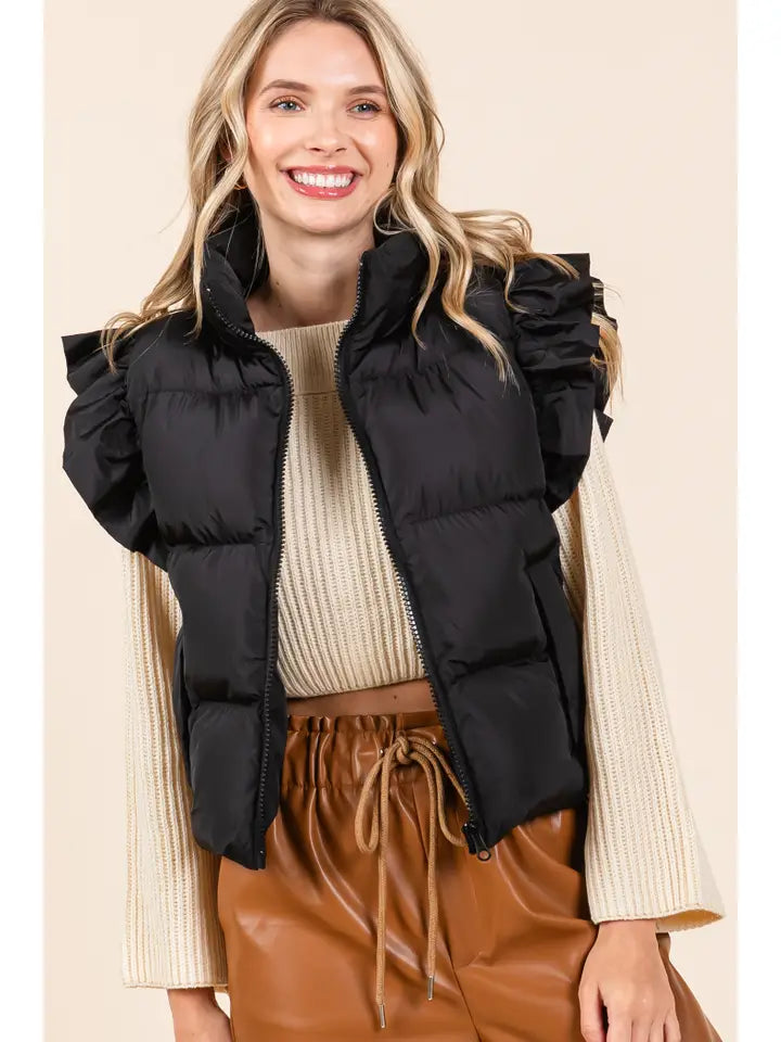 GeeGee Ruffled Sleeve Puffer Vest-Black