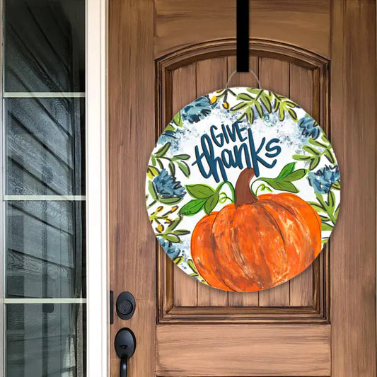 Baxter & Me Blue Give Thanks Pumpkin Floral Door Hanger