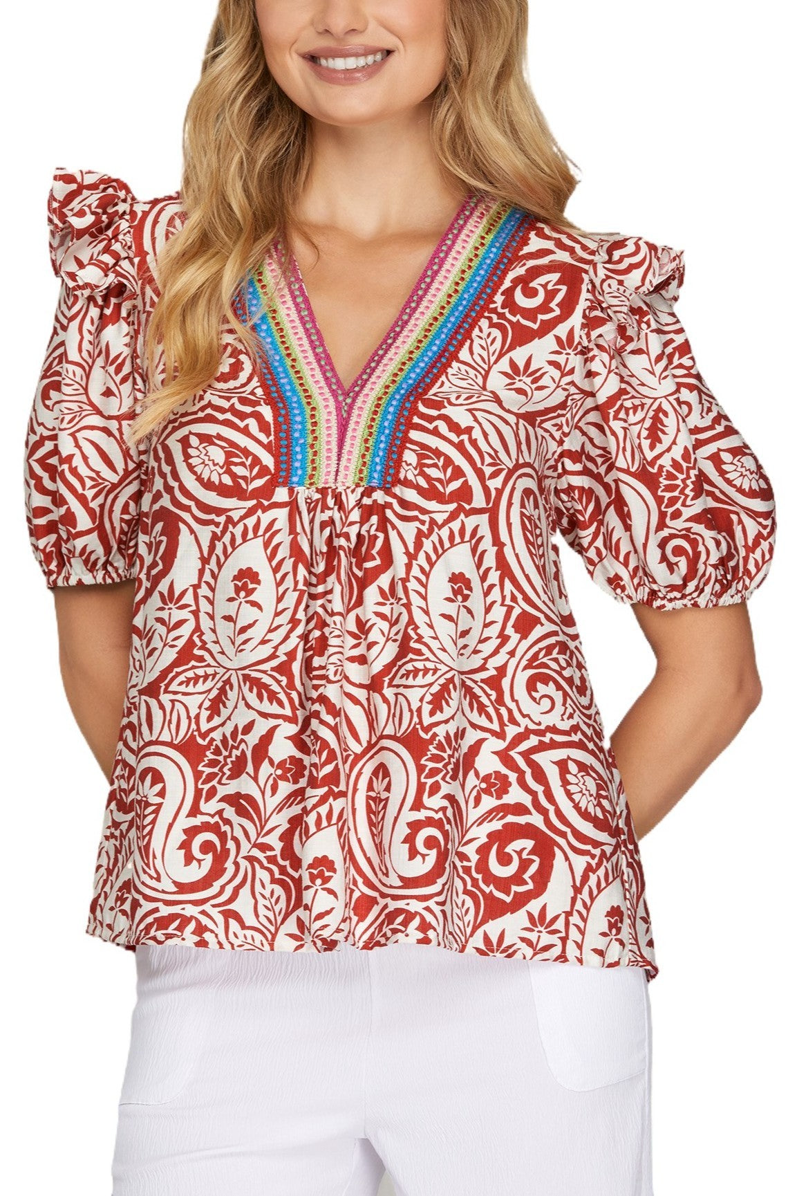 She + Sky Print V Neck Top-Red