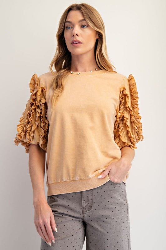 EASEL-RUFFLED SLVS MINERAL WASHED TOP-HONEY LATTE