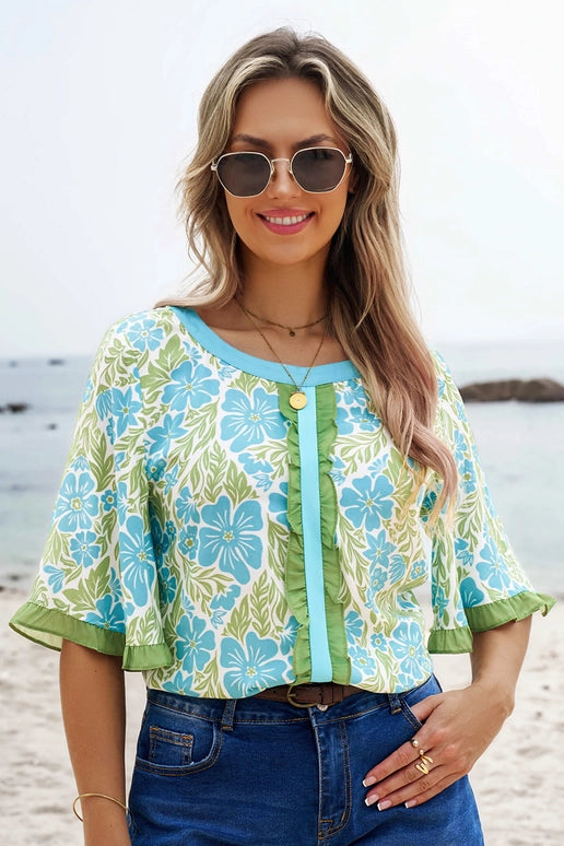 Floral Printed Lace Decorative Shorts Sleeve Top