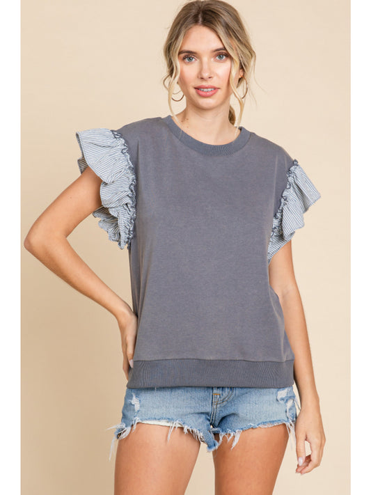 Jodifl Denim Top With Striped Print Ruffle Shoulder