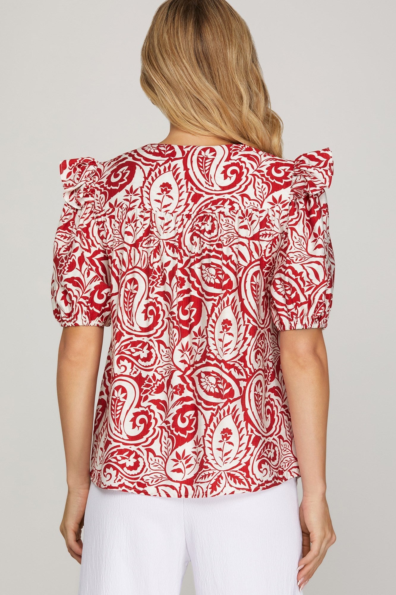 She + Sky Print V Neck Top-Red