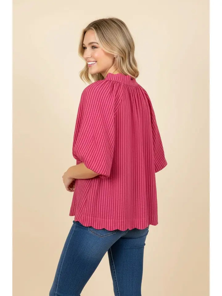 Heimish Vertical Stripe Bubble Sleeve Scallop Hem Blouse