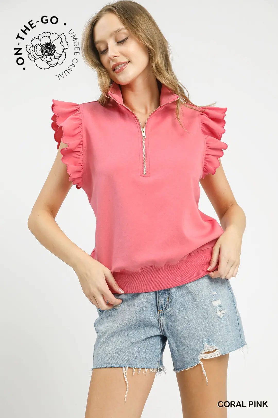 Umgee Ruffled Zip-Up Sweatshirt-Coral Pink