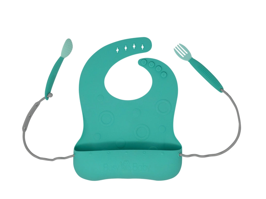 Busy Baby Stop-Drop Travel Bib+ Utensils-Spearmint