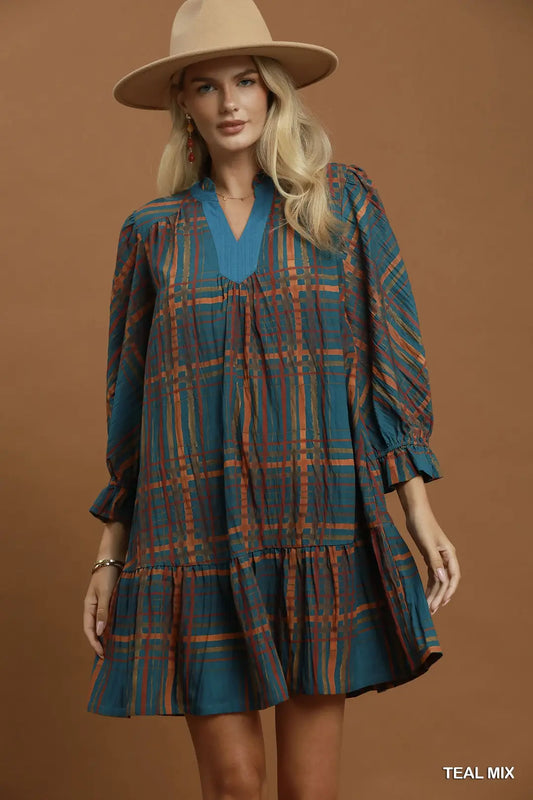 Umgee Mix Plaid Tiered Babydoll Dress-Teal Mix