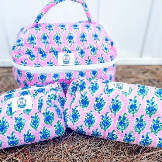 Heart of Grace Blue Blossom Quilted Cosmetic Bags-Set of 3