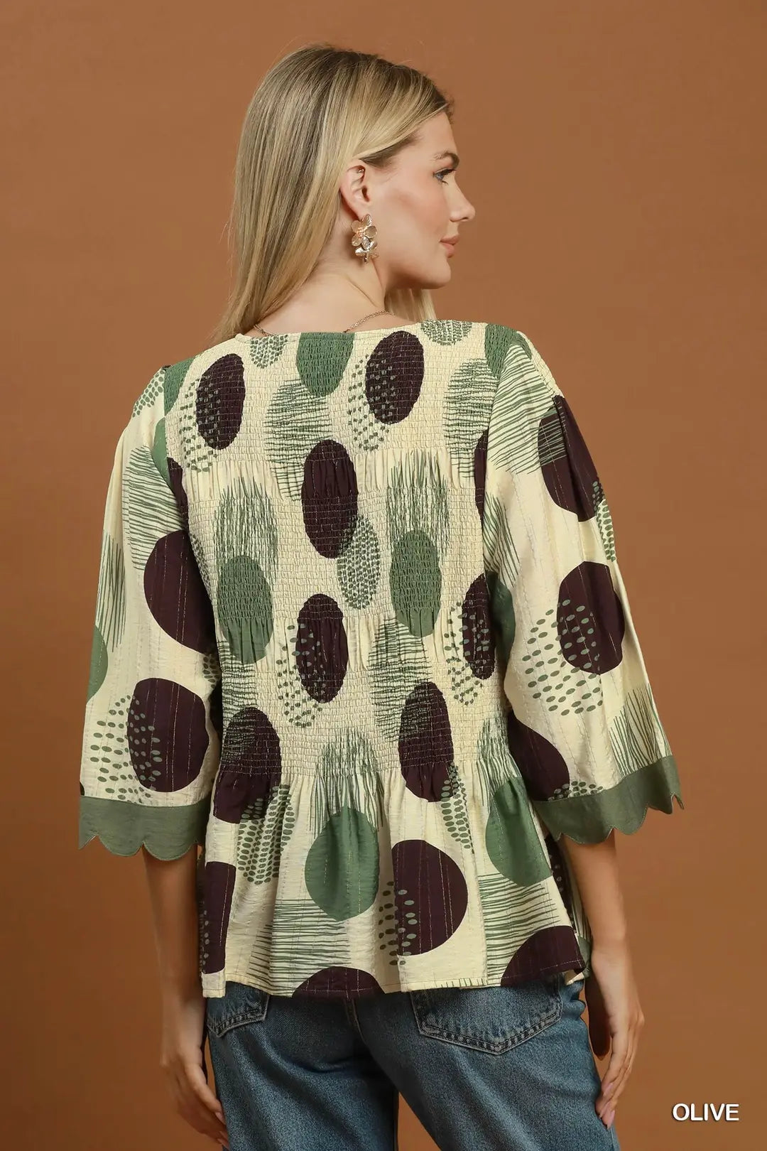 Umgee Abstract Dot Smocked Peplum Top
