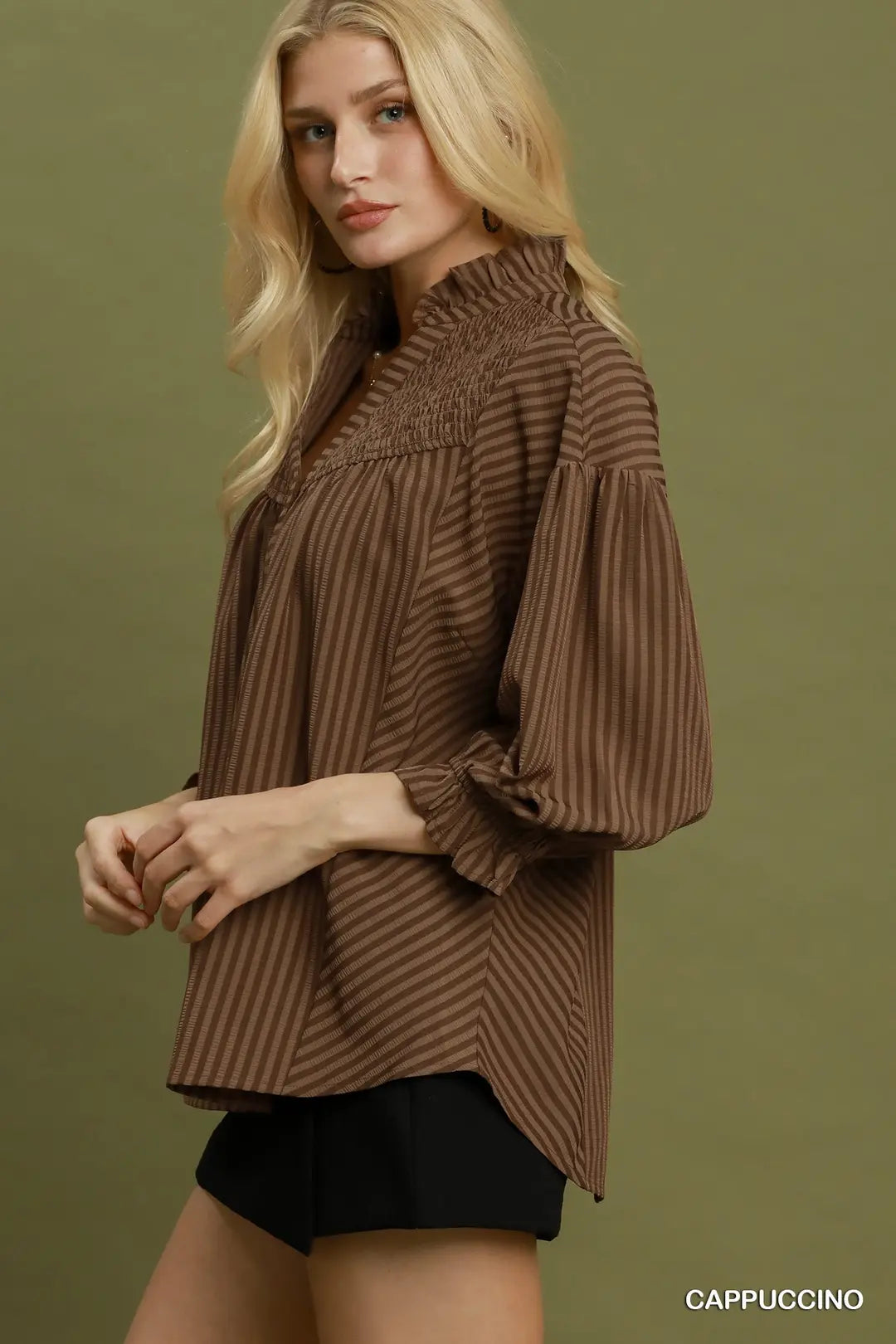 Umgee Stripe Seersucker Smocked Yoke Button-Front Blouse