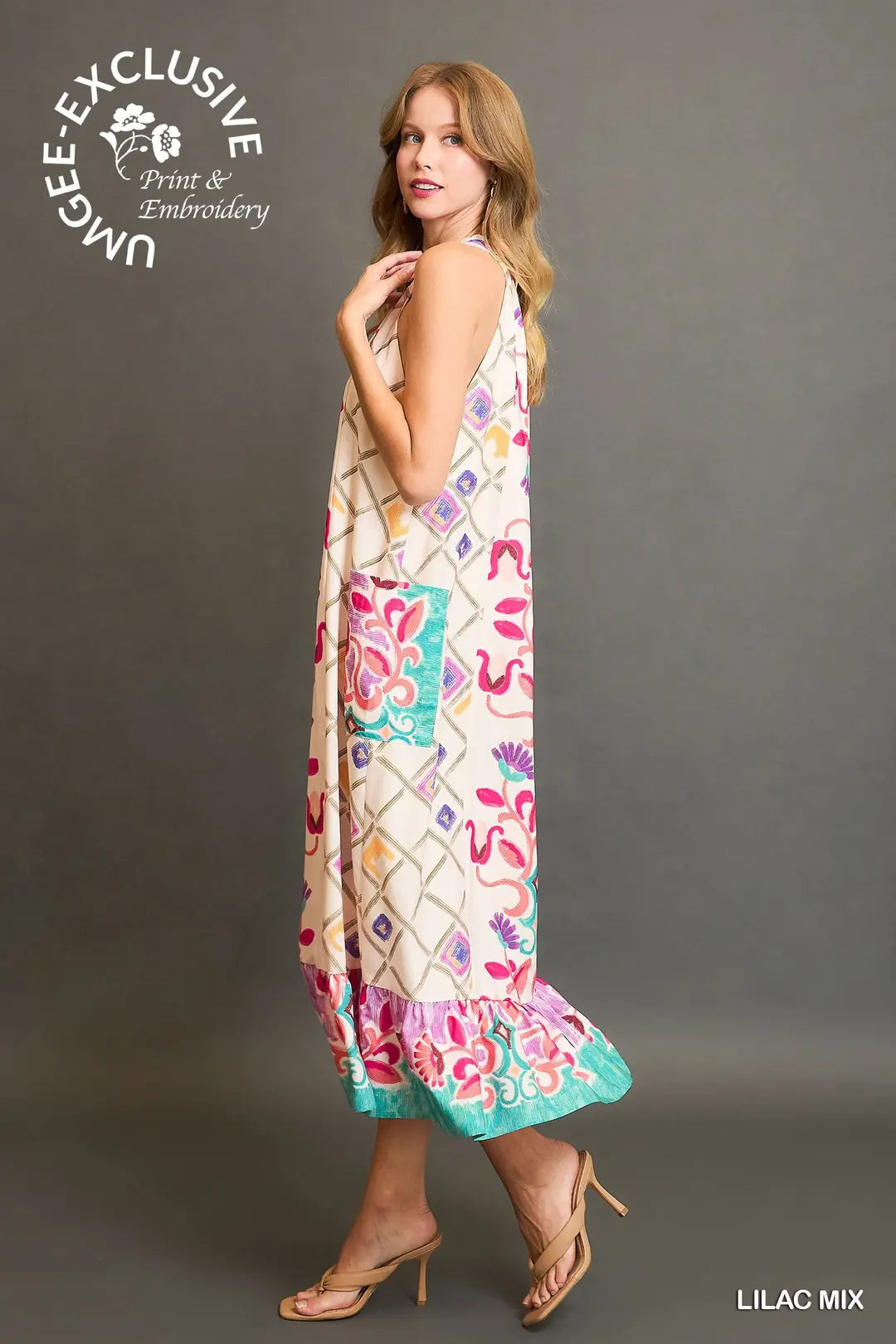 Umgee Halter Neck Printed Maxi Dress