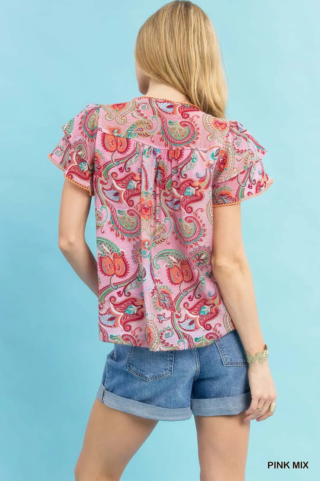 Umgee Mix Paisley Ruffle Sleeve Top-Pink Mix