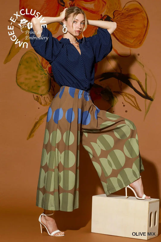 Umgee Oversized Dot Print Wide Leg Pants