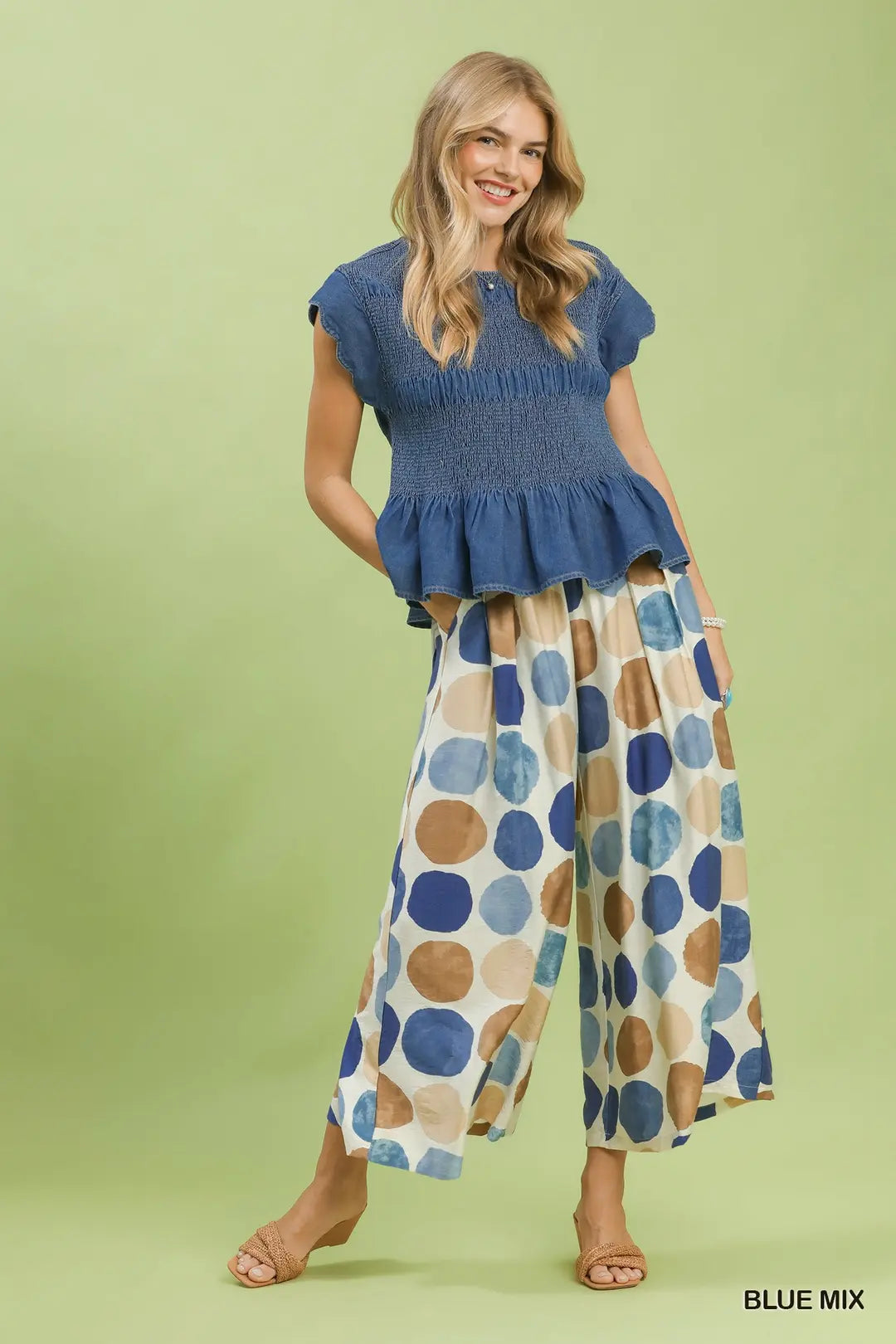 Umgee Dot Print Wide Leg Pants