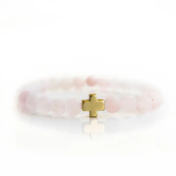 Lenny & Eva Faith Over Fear Gold Cross Bracelet, 6mm-Rose Quartz Beads