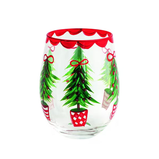 MUD PIE TREE PAINTED WINE GLASS