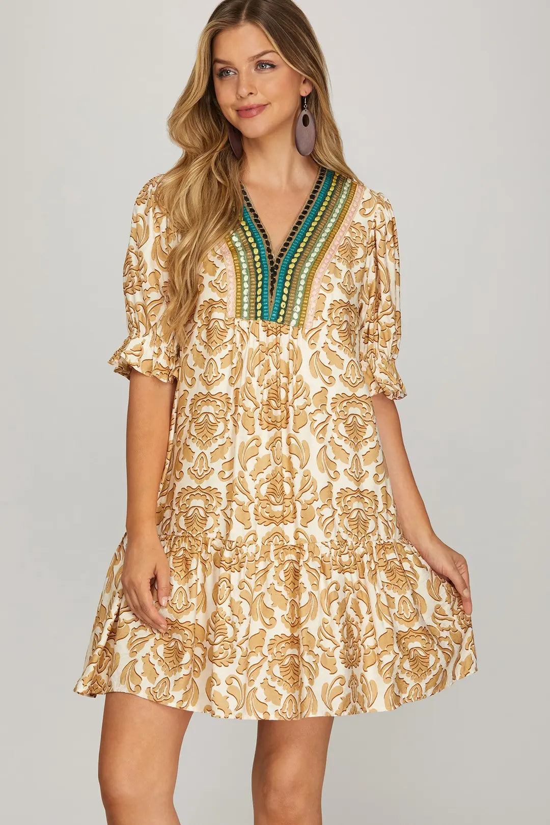SHE + SKY HALF SLEEVE WOVEN PRINT MINI DRESS V NECK WITH MULTI COLOR PATCH TRIM AND POCKETS-TAUPE