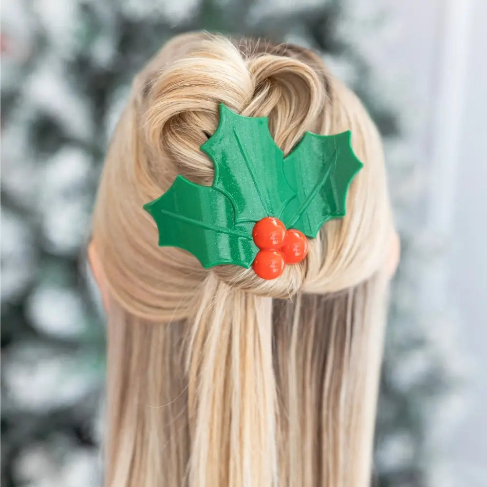 Teleties Glitter Holly Leaves | Flat Hair Clip