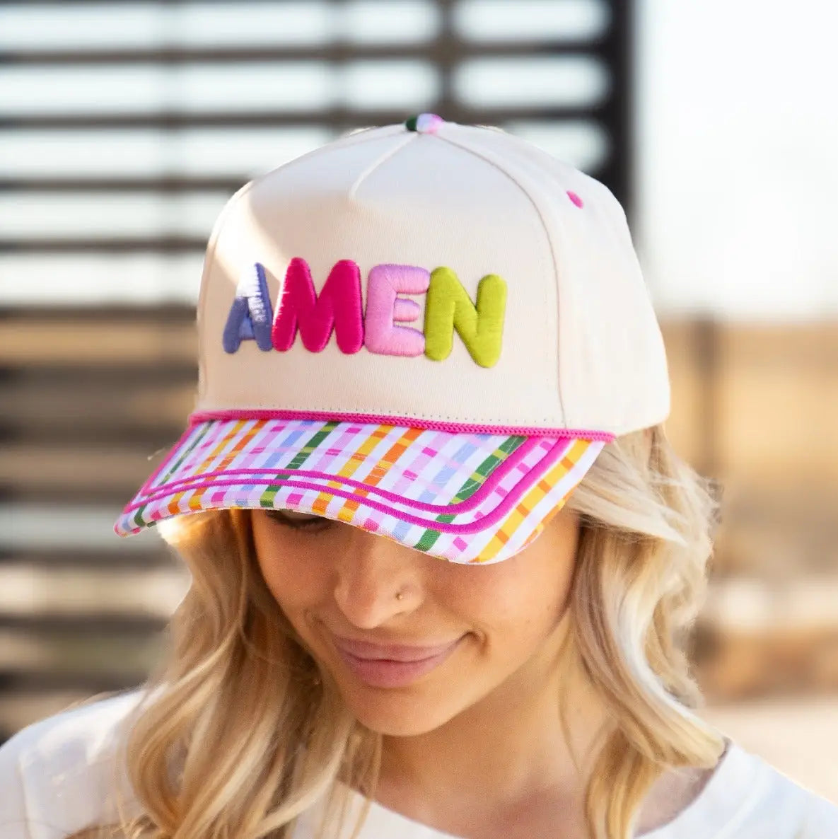 GRACE + EMMA by Southern Grace "Amen" On Tan Hat with Plaid Bill
