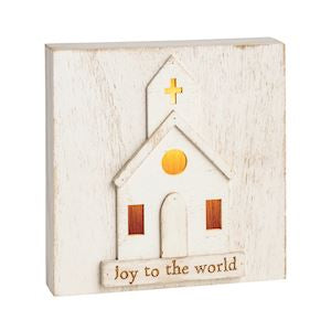 Mud Pie Joy To The World Light-Up Church Wooden Block