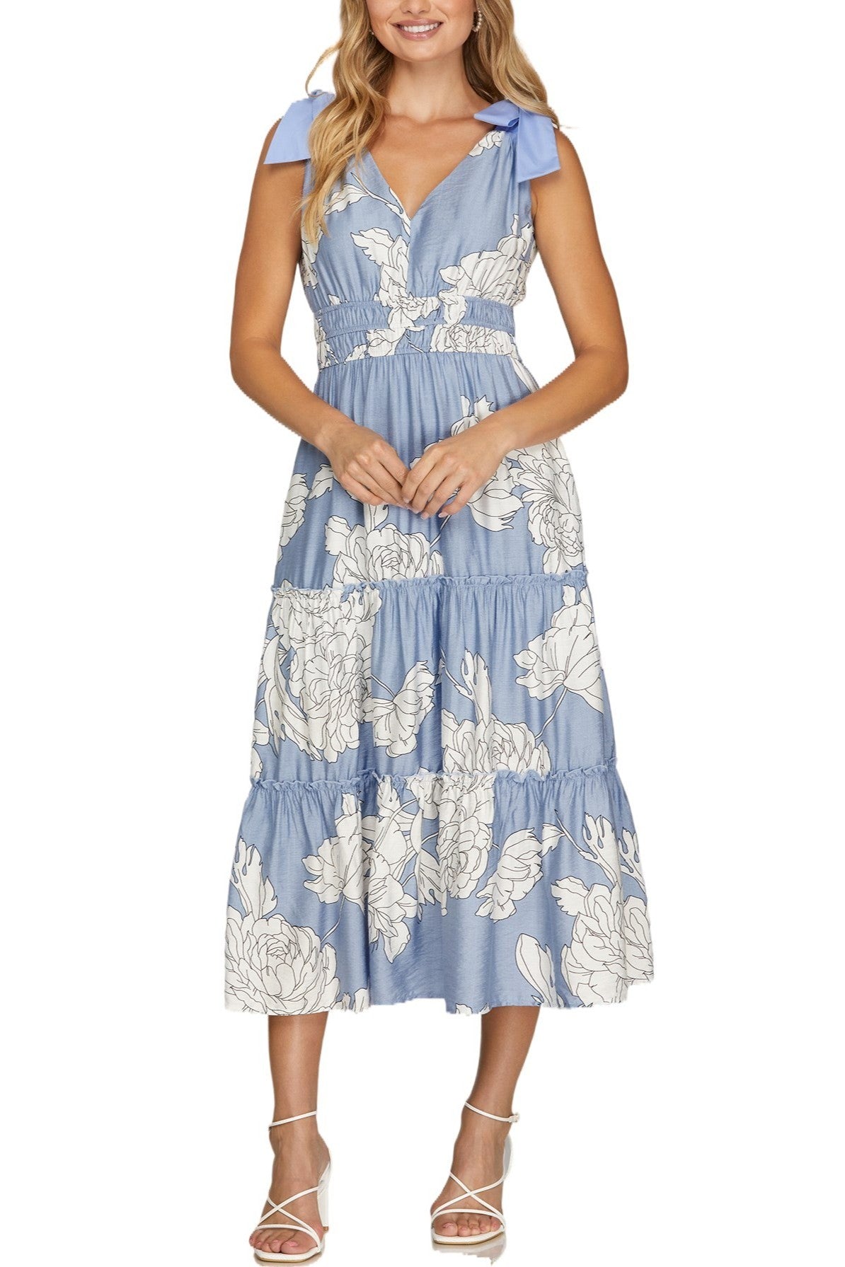 She + Sky Printed Midi Dress-Lt. Blue
