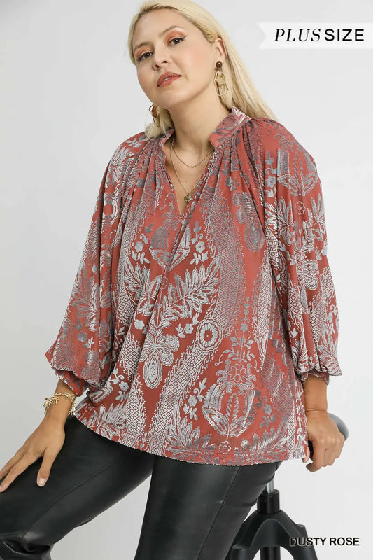 Umgee Damask Print Velvet Split Neck Top