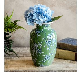 pD HOME 8.9" GR/BL FLORAL CERAMIC VASE