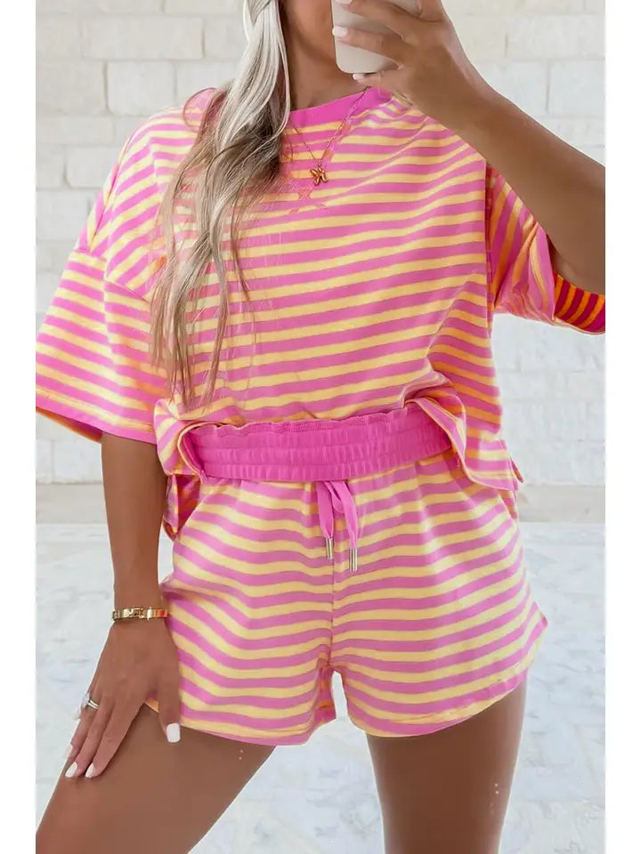 Las Stripe Contrast Trim Boxy Terry Short Set