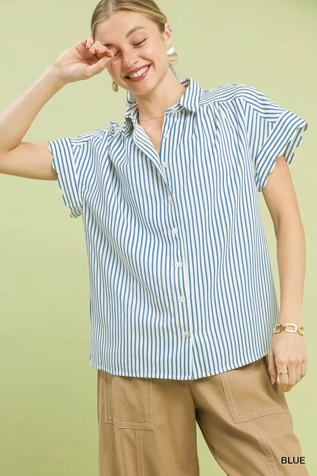 Umgee Striped Button-Down Top with Scallop Sleeves