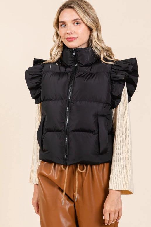 GeeGee Ruffled Sleeve Puffer Vest-Black