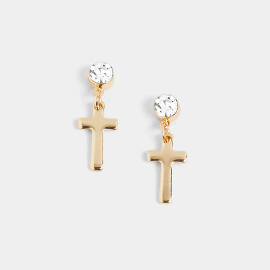 COCO + CARMEN Clear Stone Cross Dangle Earrings - Gold