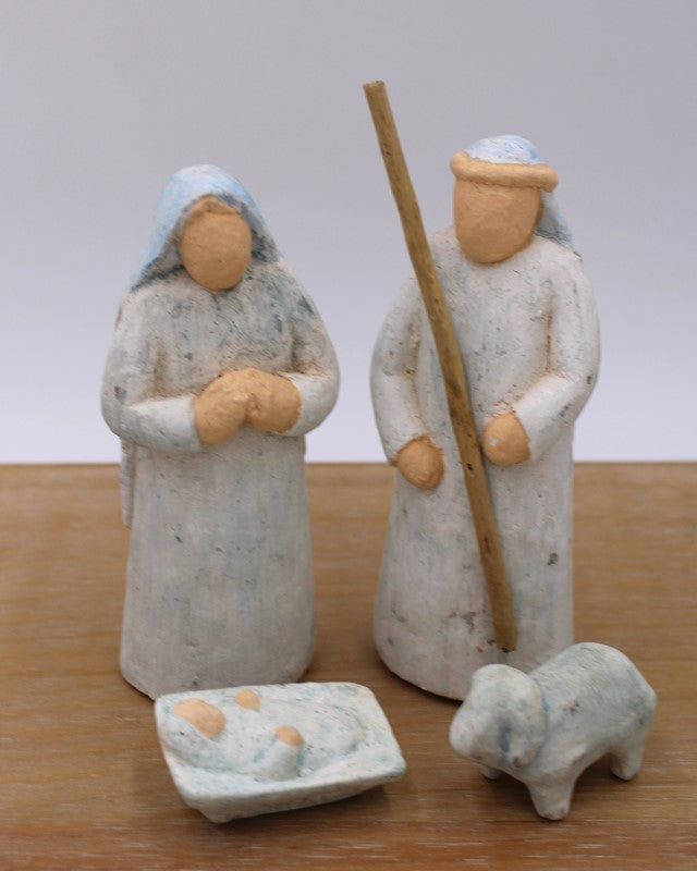 TradeCie Set/4 Paper Pulp Holy Family w/ Sheep, Blue