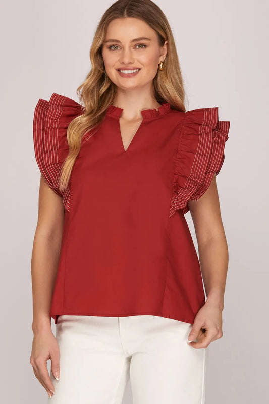 SHE + SKY RUFFLE SLEEVE STITCH DETAIL GAME DAY WOVEN TOP