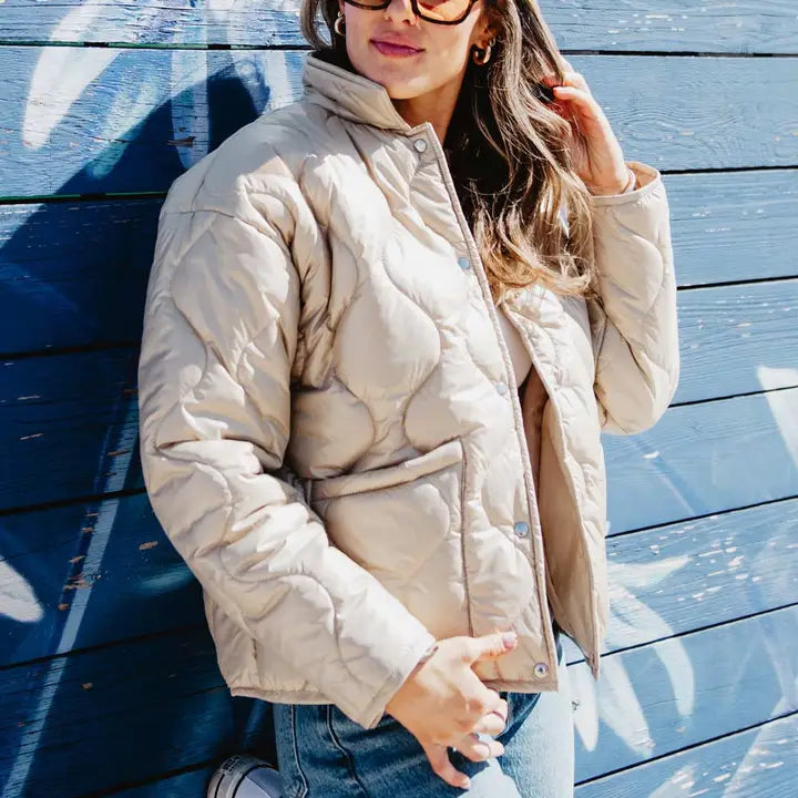 Katydid Soft Tan Buttoned Quilted Puffy Jacket