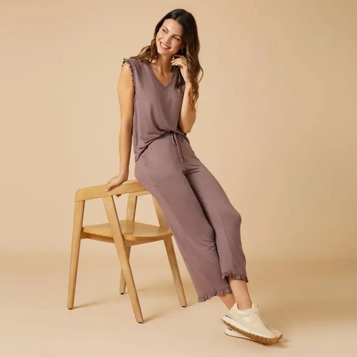 Softies Dream Ruffle V-Neck with Cropped Pant-Driftwood