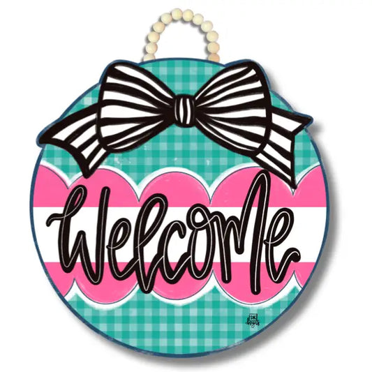 DK Designs Teal Gingham Welcome Door Hanger