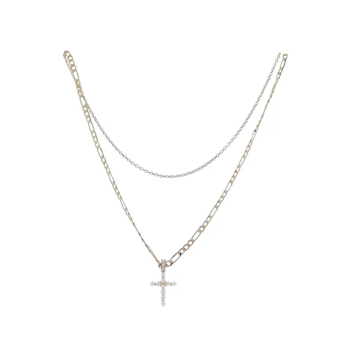 Jane Marie Gold Cable & Figaro Chain Necklace with Pearl Cross