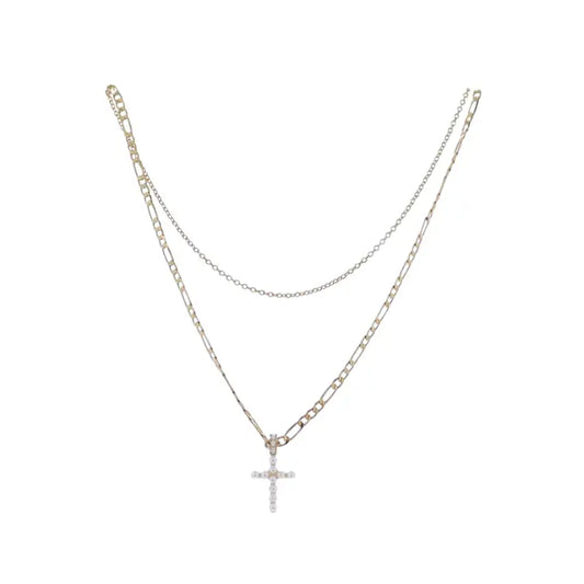 Jane Marie Gold Cable & Figaro Chain Necklace with Pearl Cross