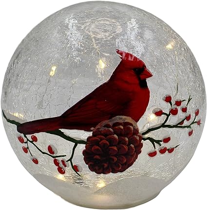 Gift Essentials Christmas Cardinal LED Lighted Glass Globe, 6 Inch Crackle Glass Light Up Globe