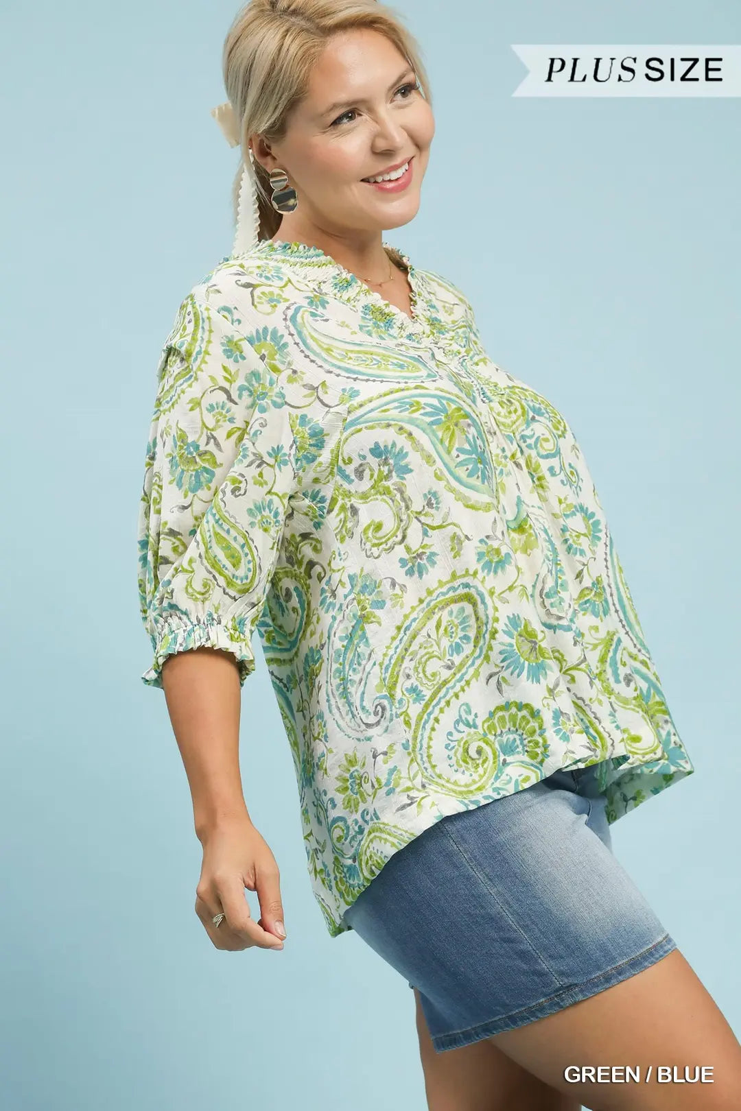 Umgee Smocked V-Neck Paisley Top-Green/Blue