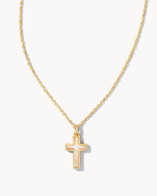 Kendra Scott Cross Gold Pendant Necklace in White Kyocera Opal