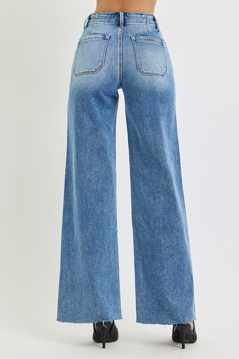 RISEN HIGH RISE WIDE LEG JEANS WITH FRONT PATCH POCKET DETAIL