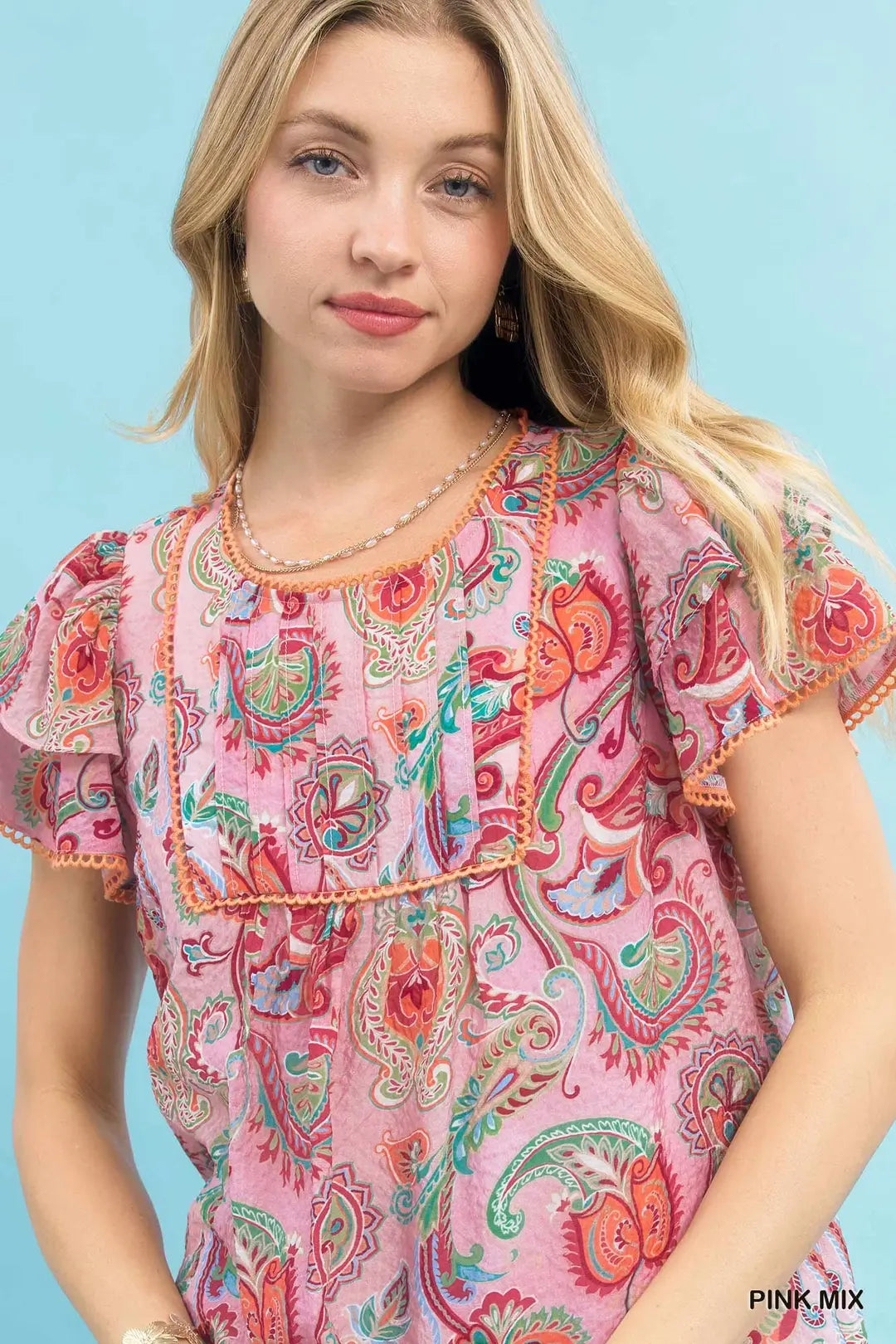 Umgee Mix Paisley Ruffle Sleeve Top-Pink Mix