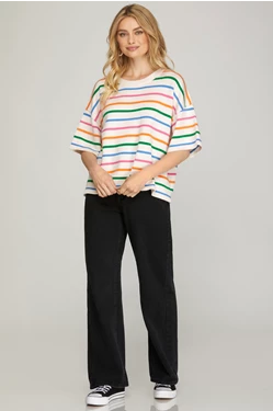 SHE & SKY SHORT SLEEVE MULTI STRIPED SWEATER TOP