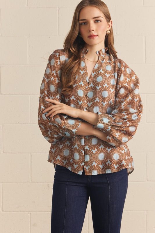 Entro Floral Long Puff Sleeve Top Featuring Ruffled Mock Neck-Blue Camel