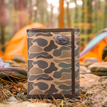 ZEP-PRO BASS MEN'S TRIFOLD OLD SCHOOL CAMO LEATHER WALLET.