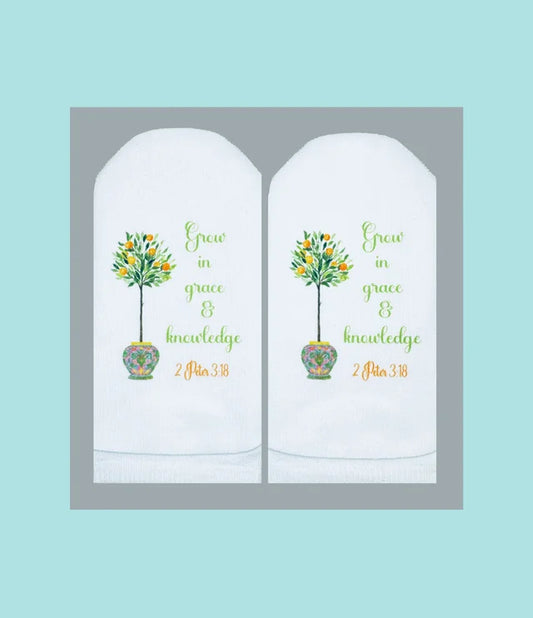 Standing on the WORD Socks Orange Topiary with Verse: 2 Peter 3:18 grow in grace