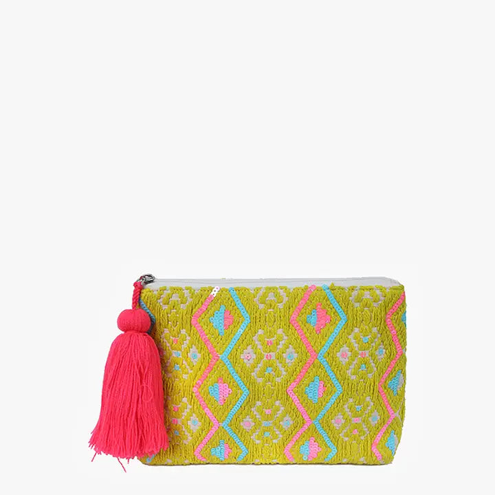 Jen & Co. Josephine Printed Cotton Pouch w/ Tassels-Pink/Lemon