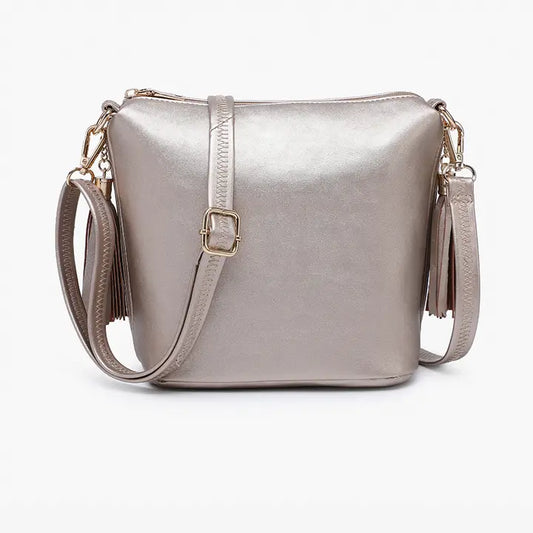 Jen & Co. Dylan Crossbody w/ 2 Side Tassel Zippers-Champagne