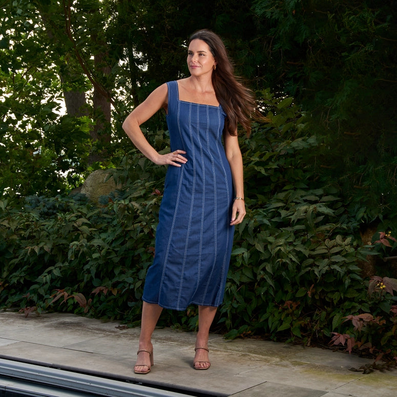 Elsie & Zoey Midi Dress Elle Sleeveless Stretch Denim Square Neck